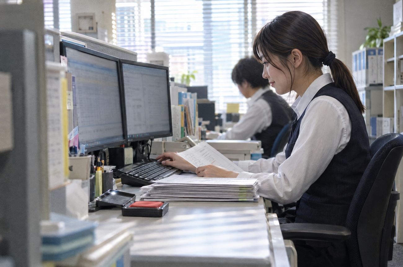 事務室で書類を確認しながらPCに入力する医療事務職員
