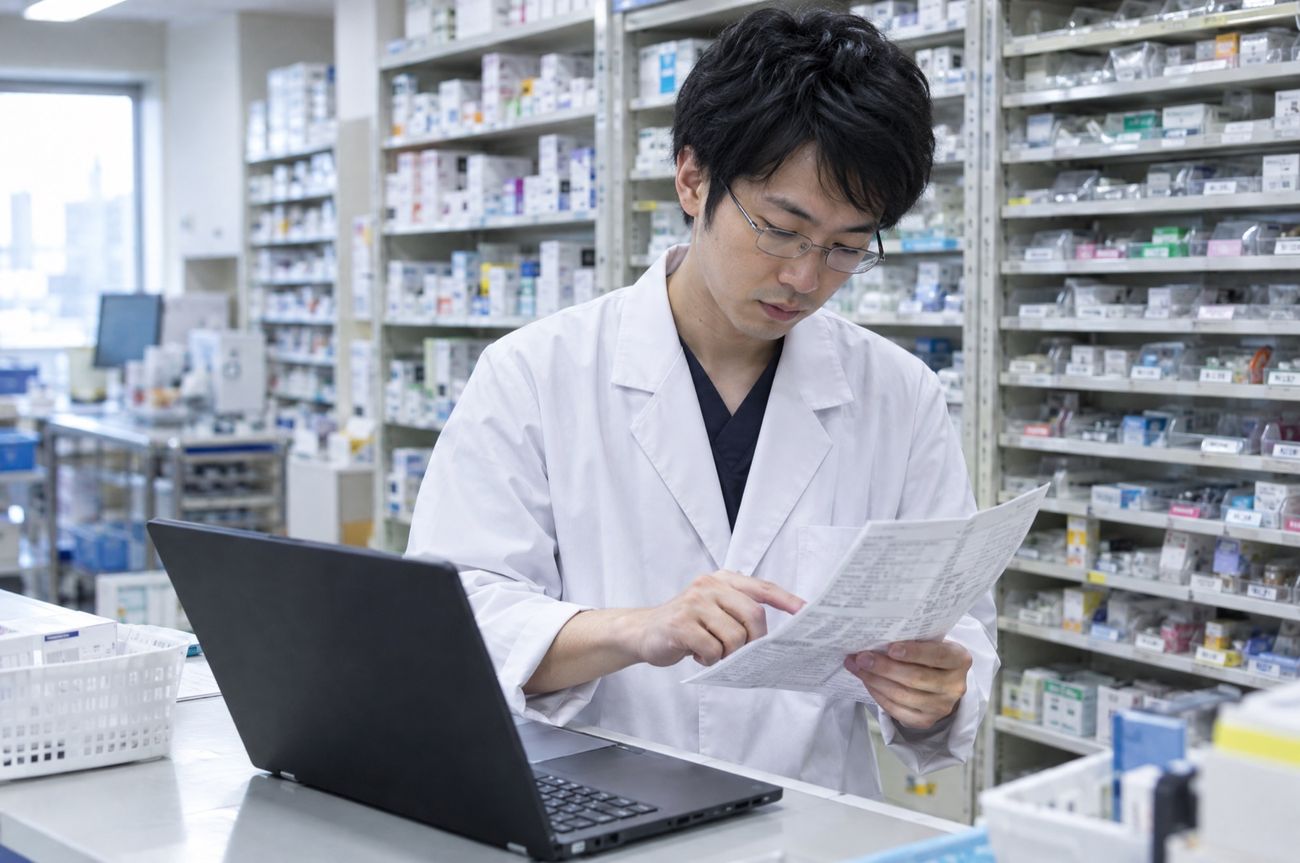 調剤室で添付文書とノートPCを見比べる薬剤師