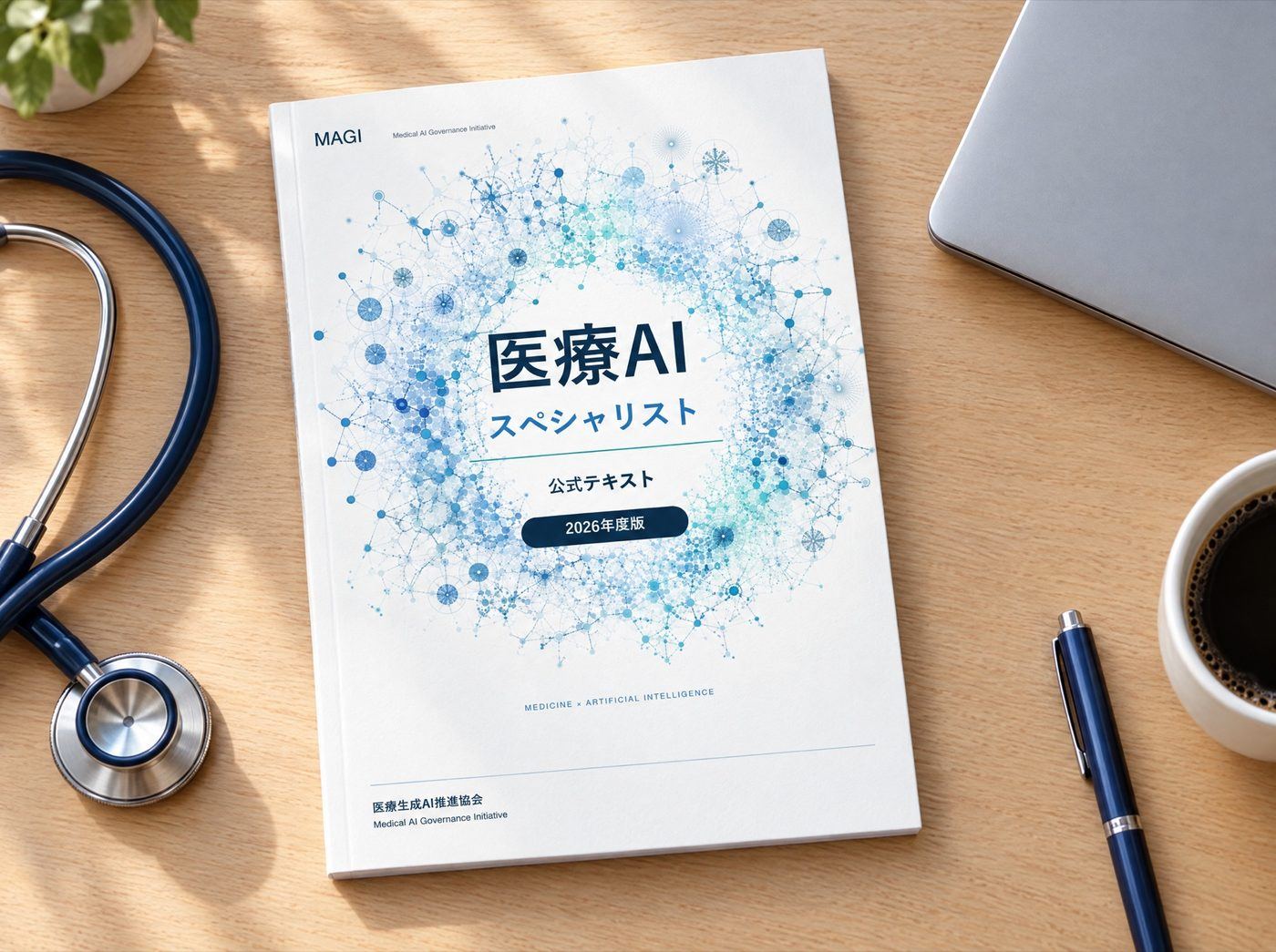 机の上に置かれた公式テキストと聴診器、ペン