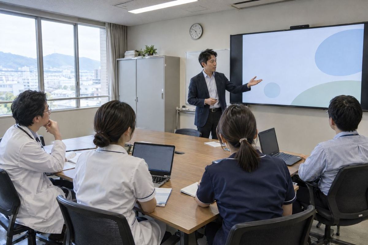 会議室で、職員に生成AIの使い方を説明する担当者